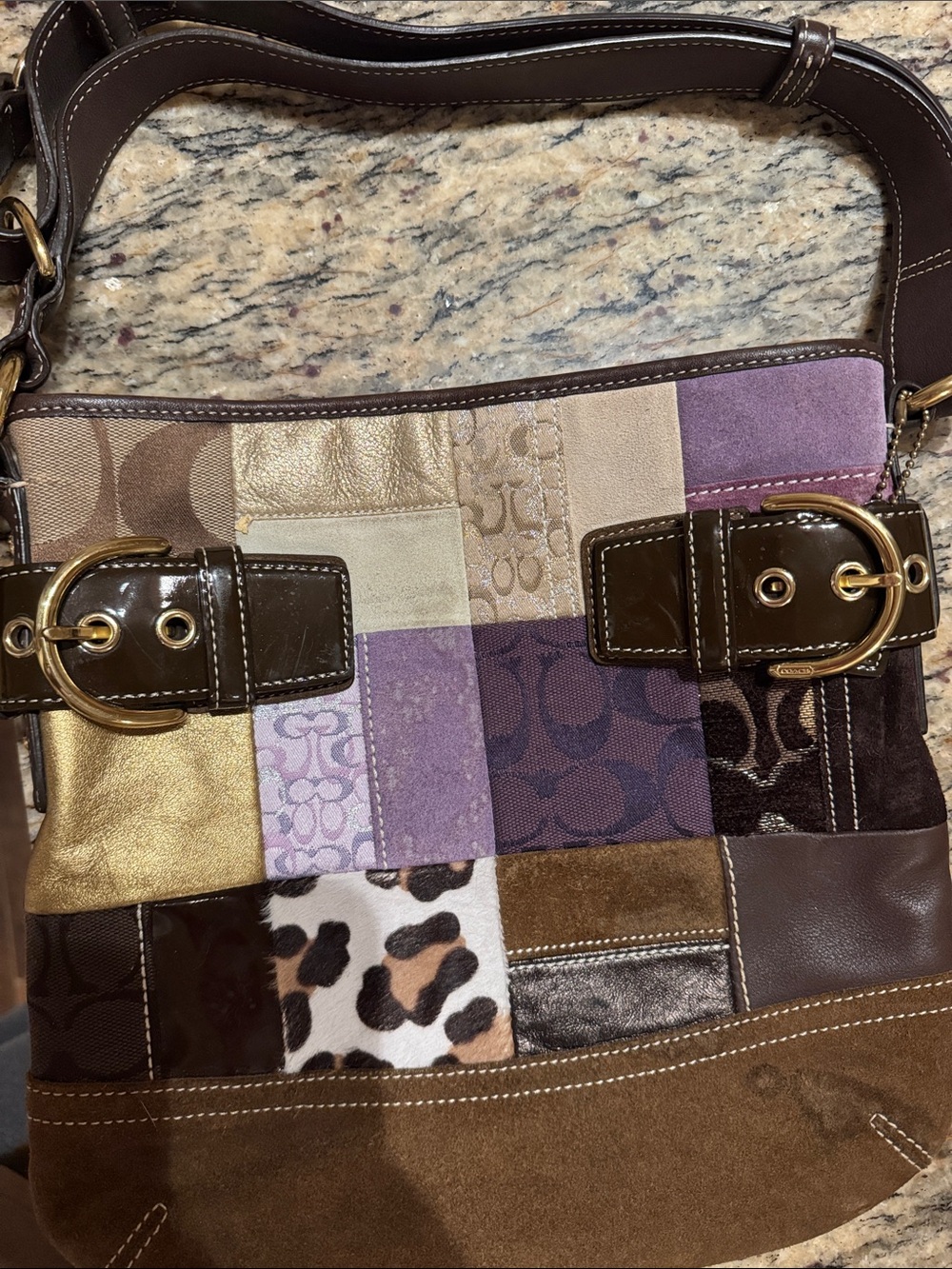 Coach Patchwork Shoulder Bag in Brown, Purple & Gold Accents
